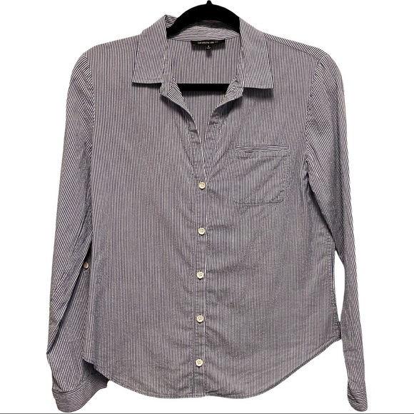 Lafayette 148 NAVY BLUE White Striped Ticking Button Down Timeless Blouse 4536 - Picture 1 of 5